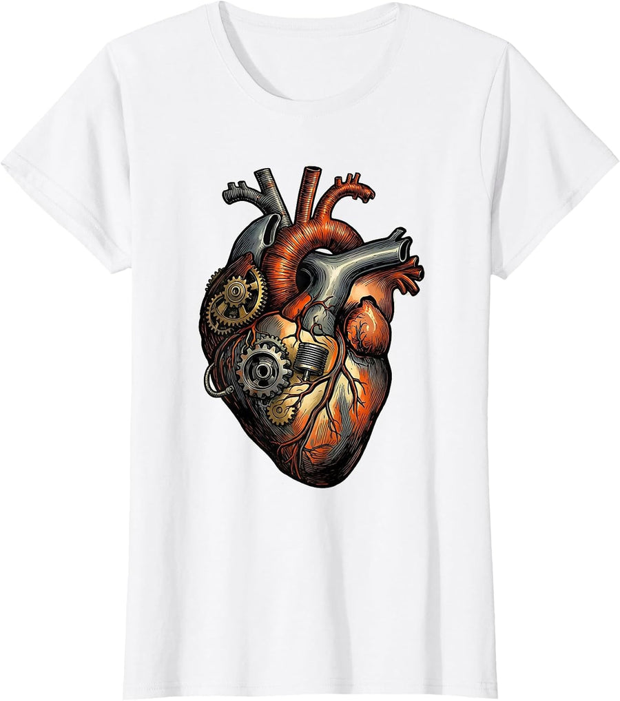 Women's Mechanical Heart Gears and Pistons Motorcycle Design T-Shirt - White