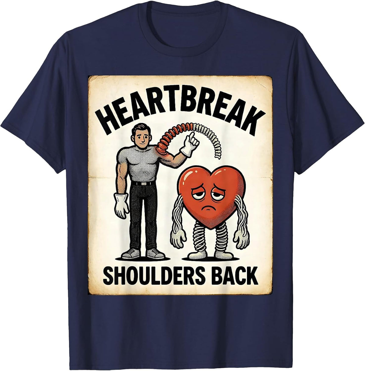 Men's Heartbreak Shoulders Back Retro Cartoon Physical Therapist T-Shirt - Navy Blue