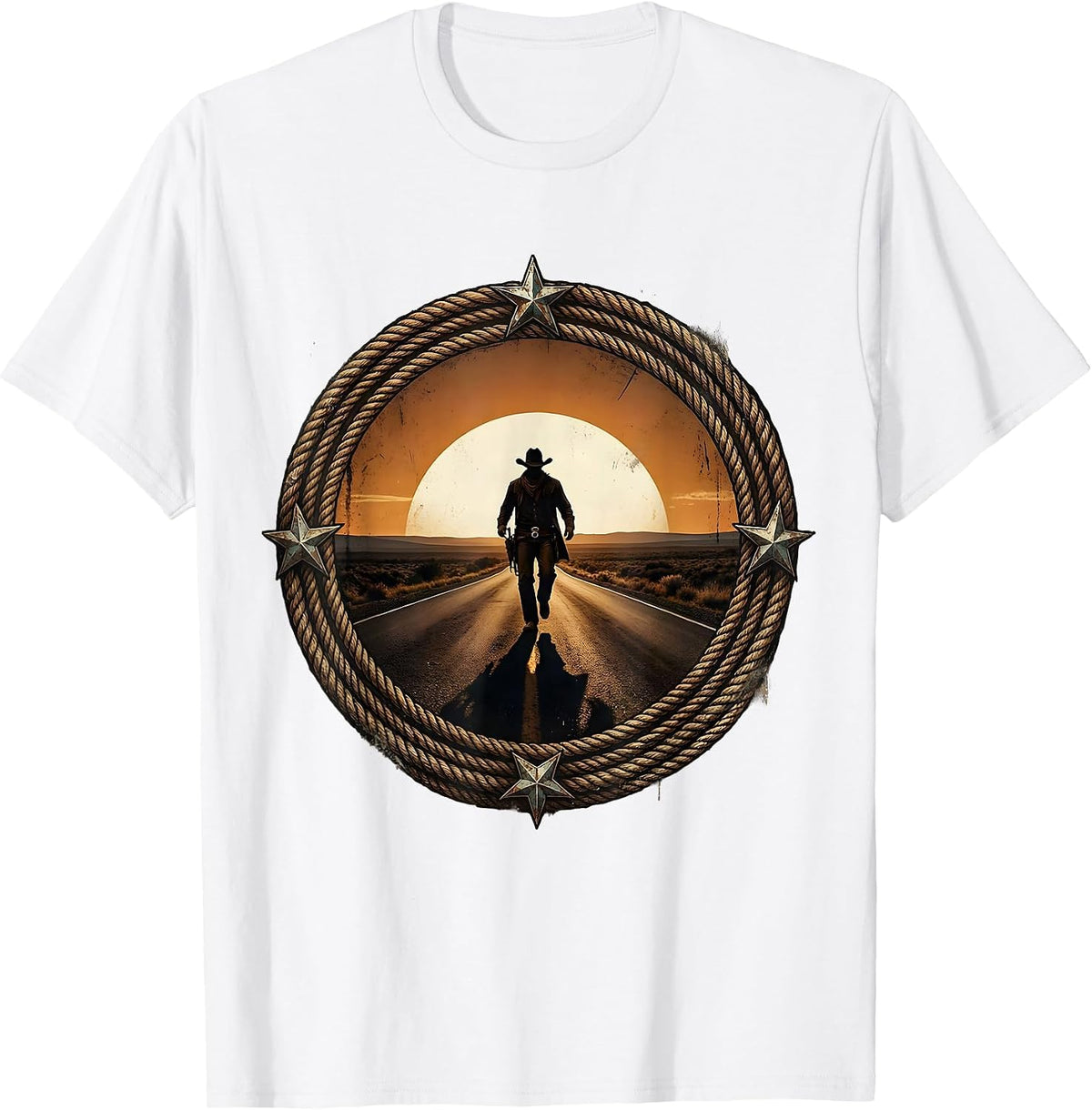 Men's Lone Cowboy Striding at Dusk Western Design T-Shirt - White
