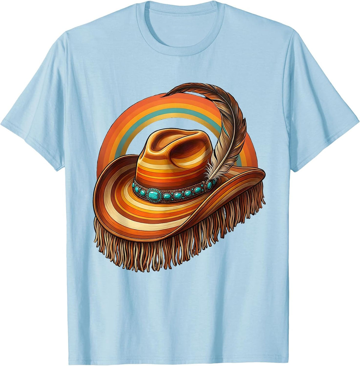Men's Cowboy Hat Feather Turquoise Western Illustration T-Shirt - Baby Blue