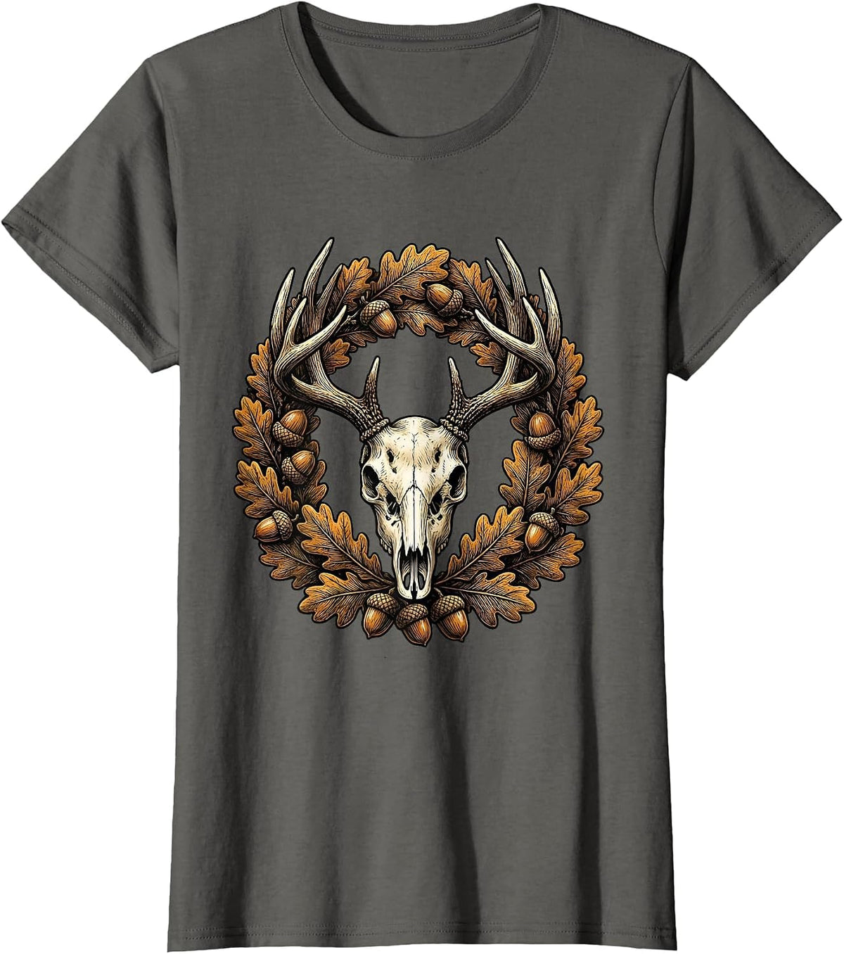 Women's Whitetail Deer Antlers Autumn Leaves Camo Design T-Shirt - Asphalt Grey