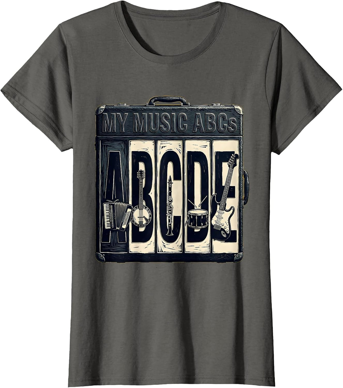 Women's My Music ABCs Linocut Kids Alphabet Learning Preschool T-Shirt - Asphalt Grey