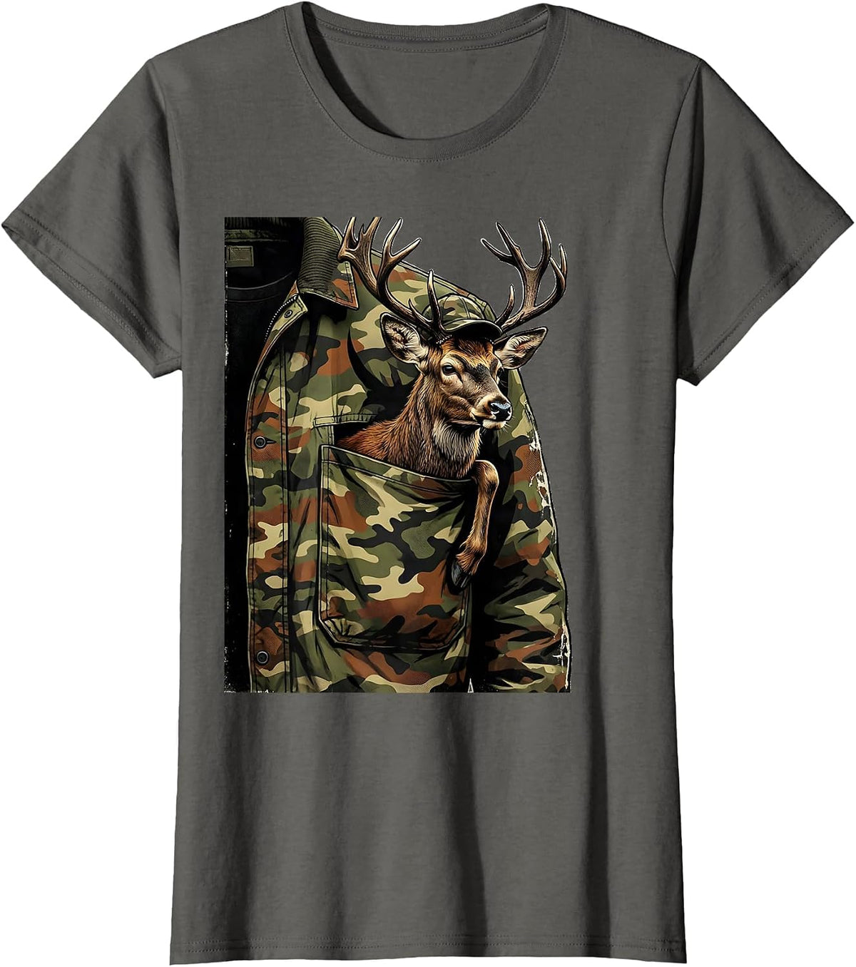 Women's Reclining Buck Distressed Camo Deer Hunting Gift T-Shirt - Asphalt Grey