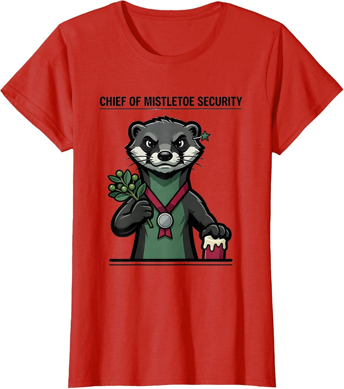 Chief Of Mistletoe Security Funny Ferret Owner Christmas T-Shirt - Red