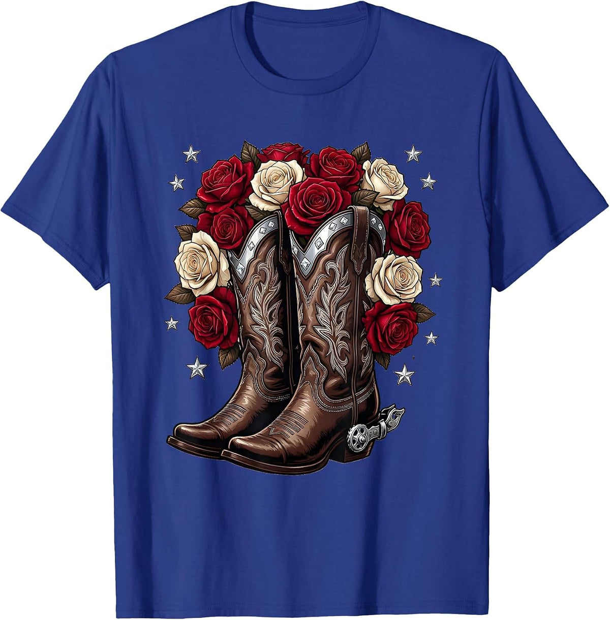 Cowgirl Boots Spurs and Roses Western Graphic T-Shirt - Royal Blue