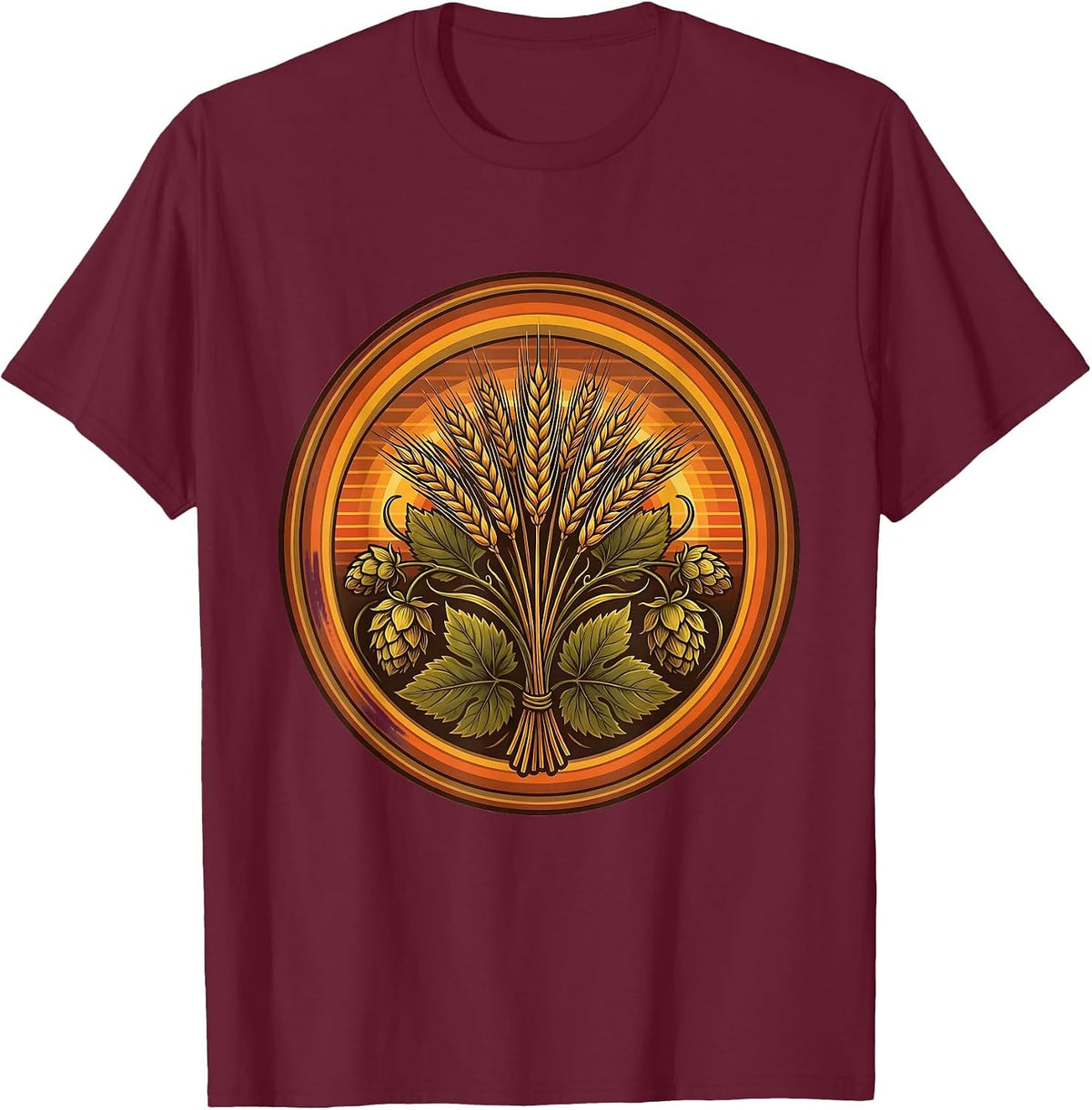 Oktoberfest Hop Flowers and Barley Wheat Design T-Shirt - Burgundy