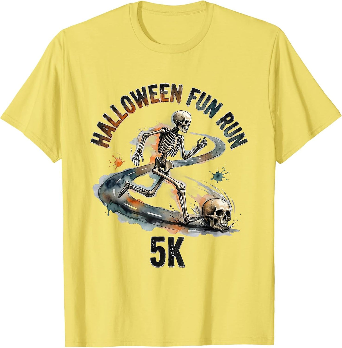 Men's Halloween Fun Run 5K Funny Skeleton Runner Watercolor T-Shirt - Lemon Yellow
