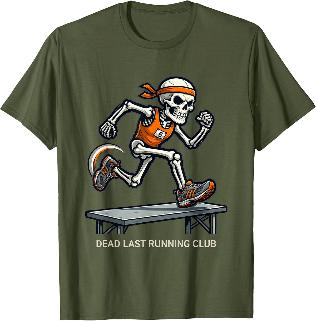 Men's Dead Last Running Club Funny Halloween Skeleton Runner T-Shirt - Olive Green