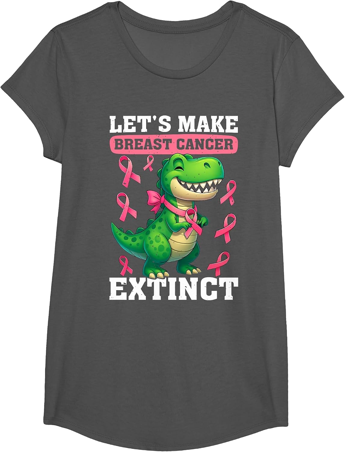 Lets Make Breast Cancer Extinct Pink Dinosaur Kids Boys Girl T-Shirt - Girls Asphalt Grey