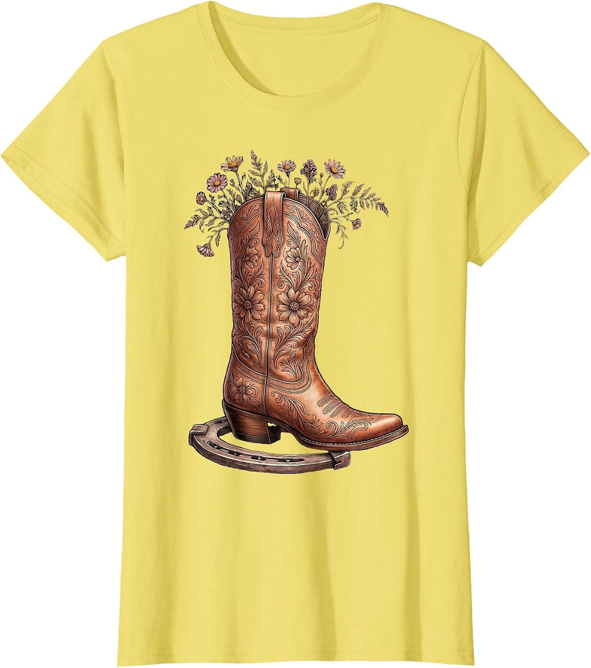 Bold Cowboy Boot Crushing Horseshoe Graphic T-Shirt - Lemon Yellow