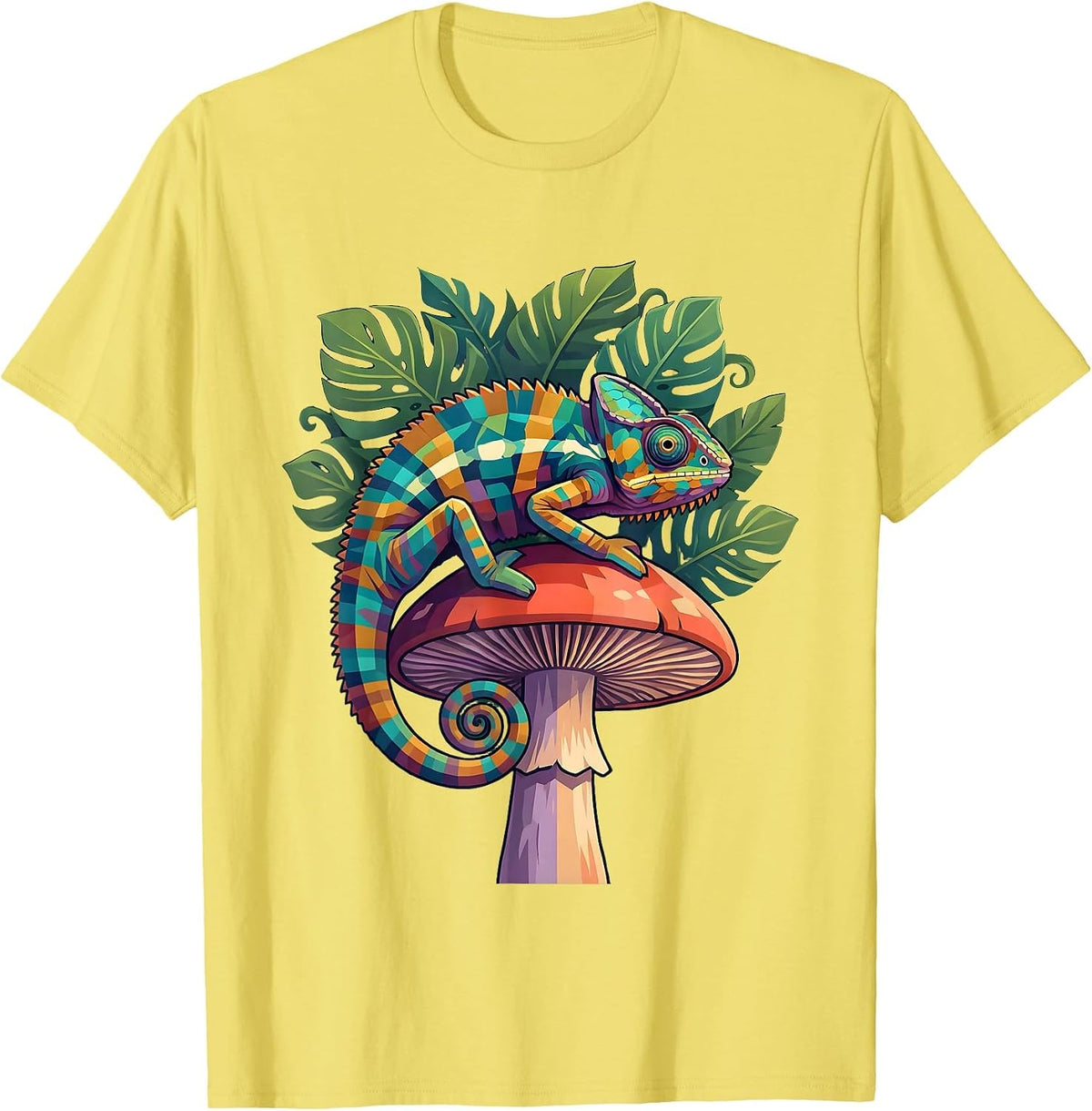 Men's Chameleon Glowing Mushroom Jungle Art T-Shirt - Lemon Yellow