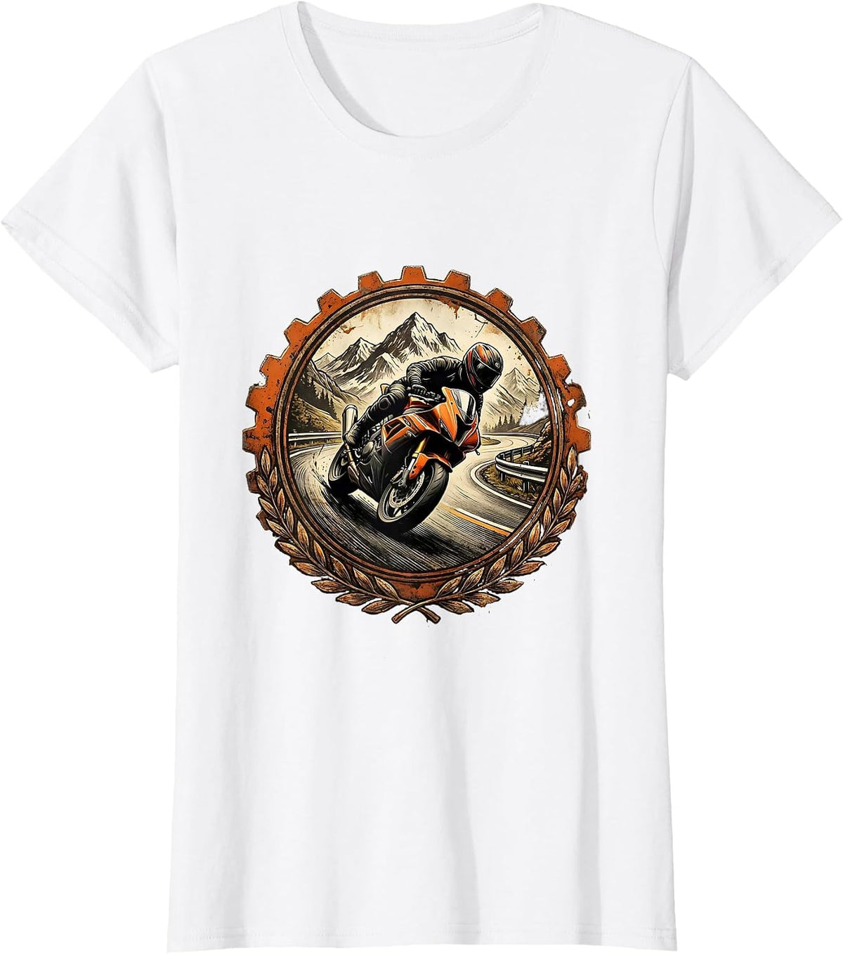 Women's Motorcycle Mountain Curve Lean Riding Graphic T-Shirt - White
