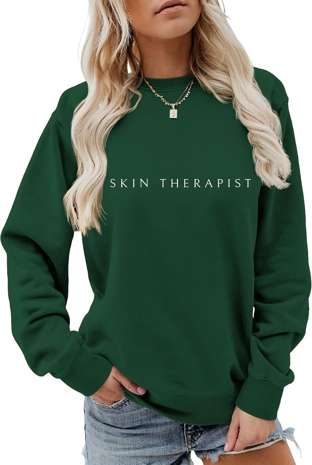 Skin Therapist Sweatshirt For Women Crewneck Esthetician Pullover Sweater Long Sleeve Skin Therapist Shirts - Dark Green
