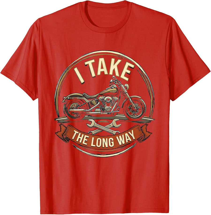 Men's I Take The Long Way Funny Biker Motorcycle Rider Humor T-Shirt - Red