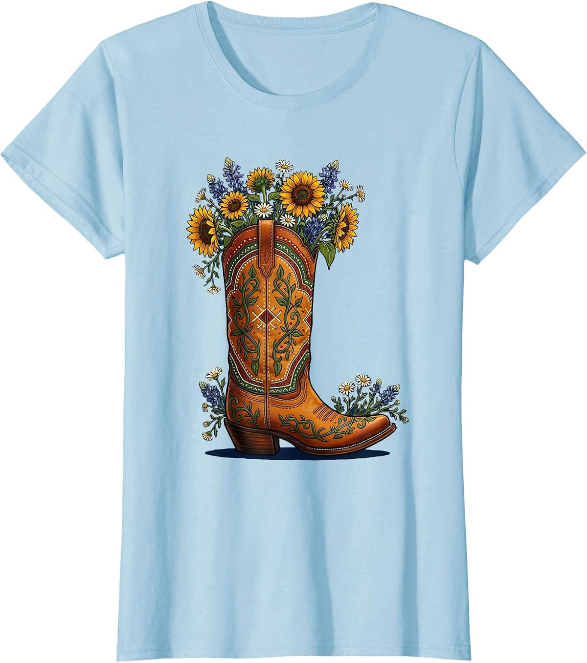 Women's Wildflower Cowboy Boot Western Illustration T-Shirt - Baby Blue