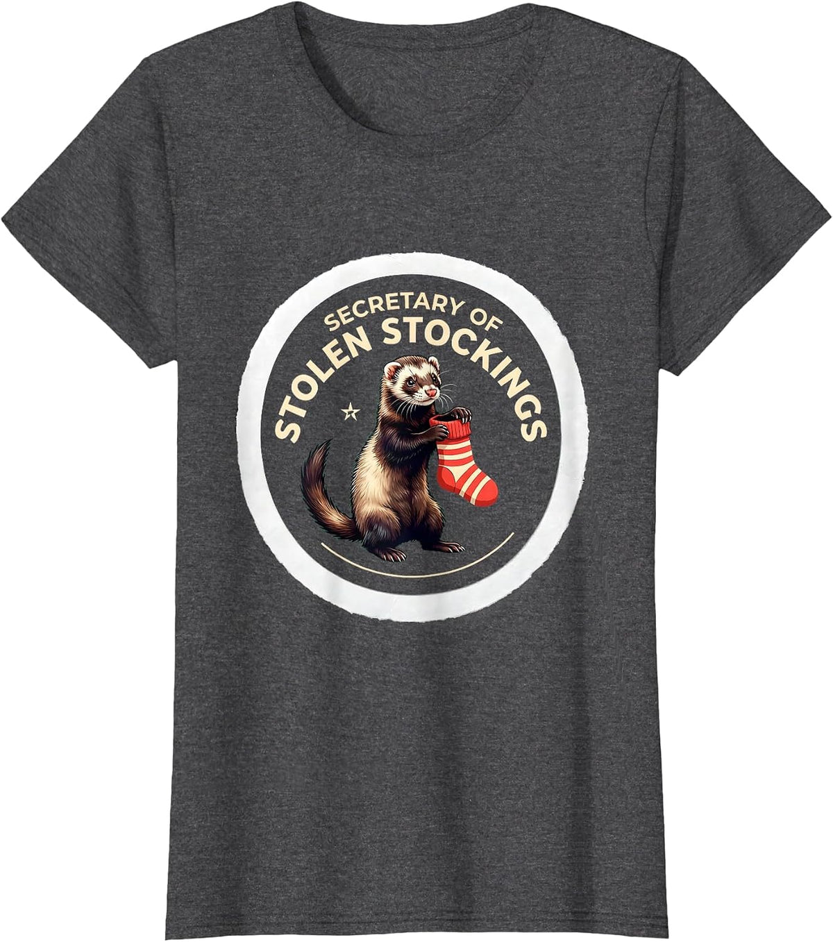 Women's Secretary Of Stolen Stockings Funny Ferret Lover Christmas T-Shirt - Dark Heather Grey