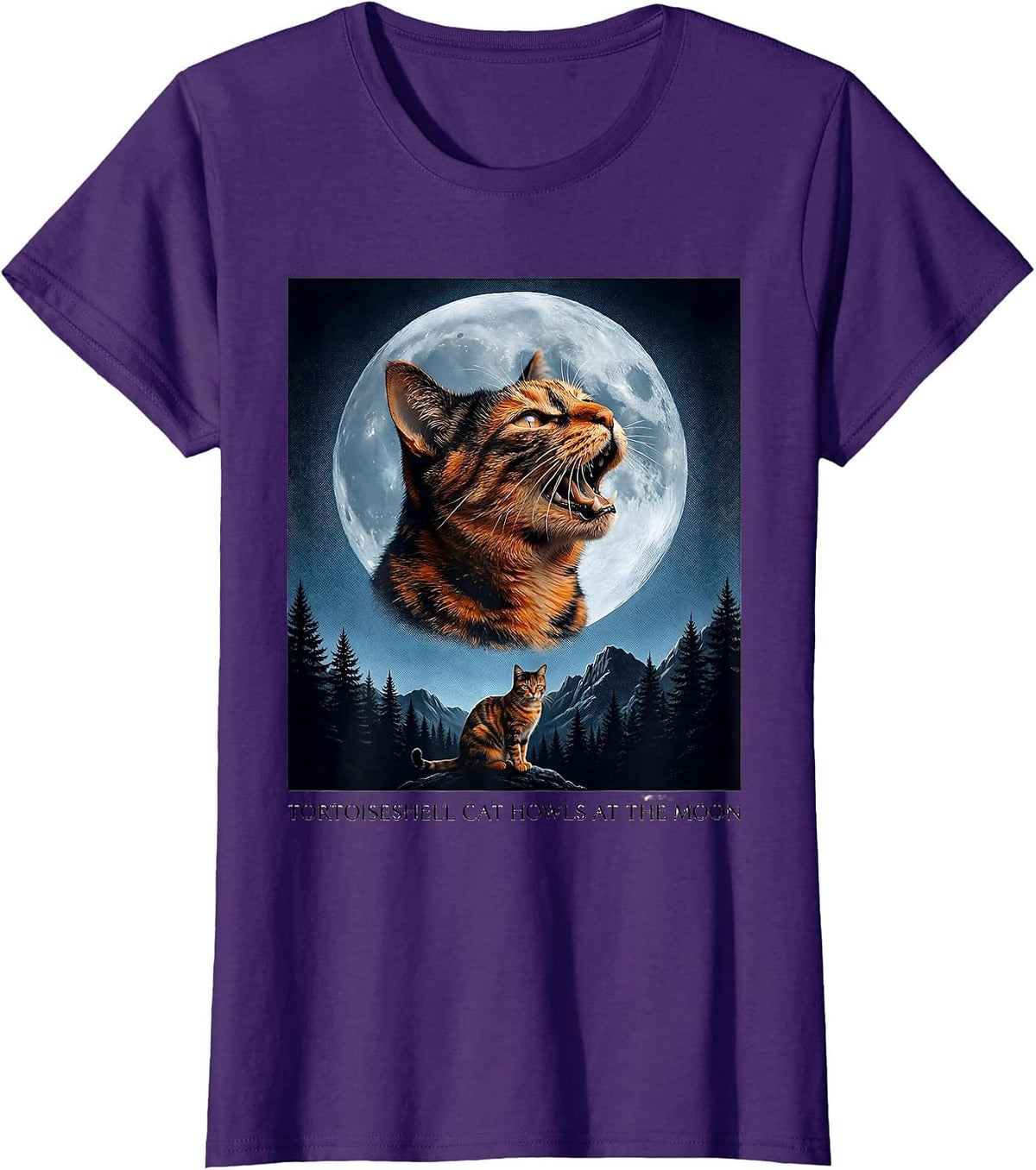 Women's Tortoiseshell Cat Howls at the Moon 90's Retro Cat Lover T-Shirt - Purple