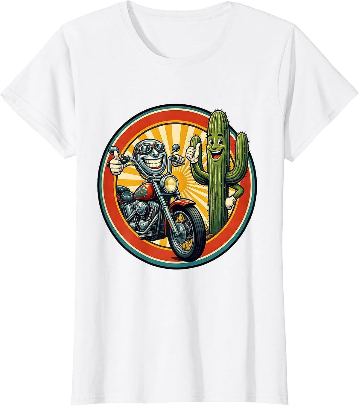 Women's Route 66 Retro Motorcycle Saguaro Cactus Design T-Shirt - White