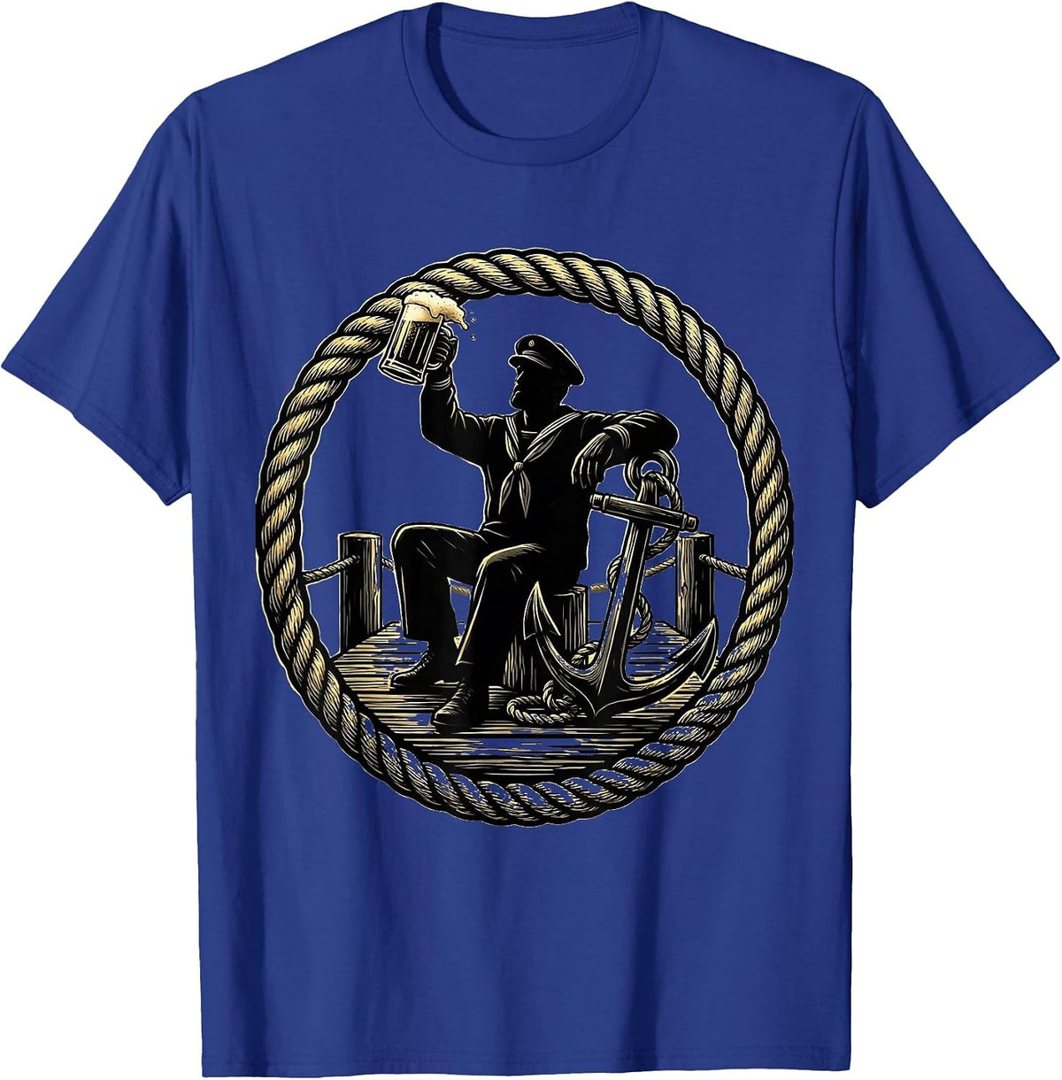 Sailor Anchor Tattoo Beer Drinking on the Dock T-Shirt - Royal Blue