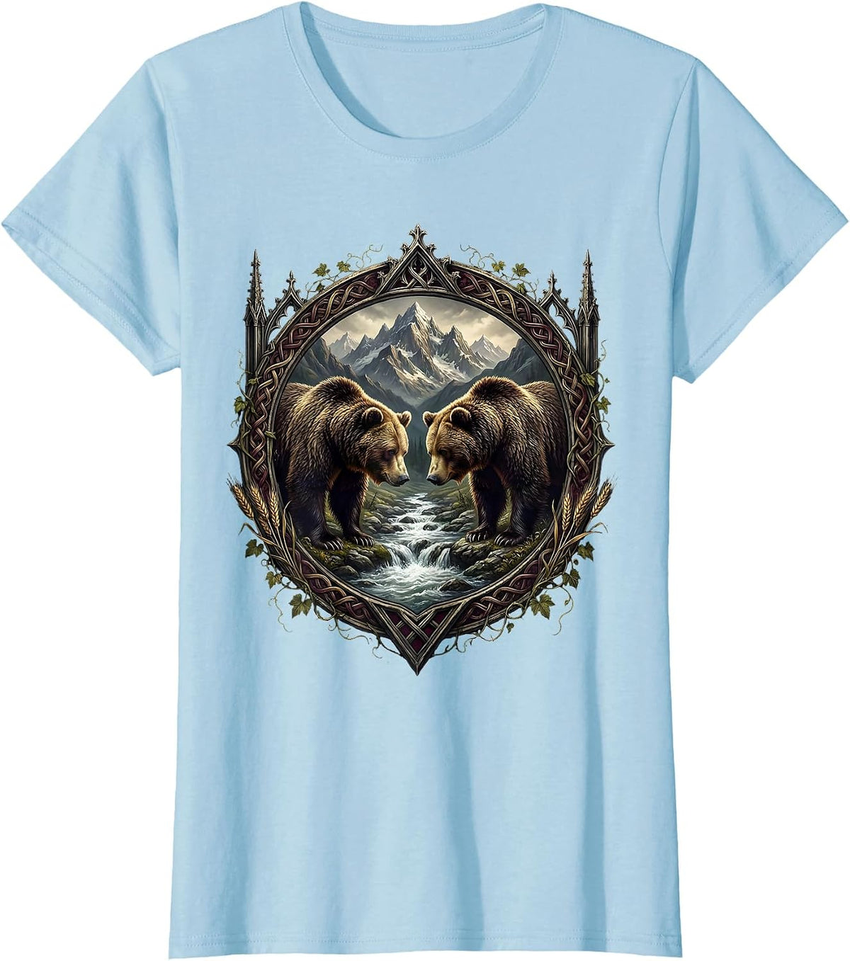 Women's Oktoberfest Bears Mountain Stream Illustration T-Shirt - Baby Blue