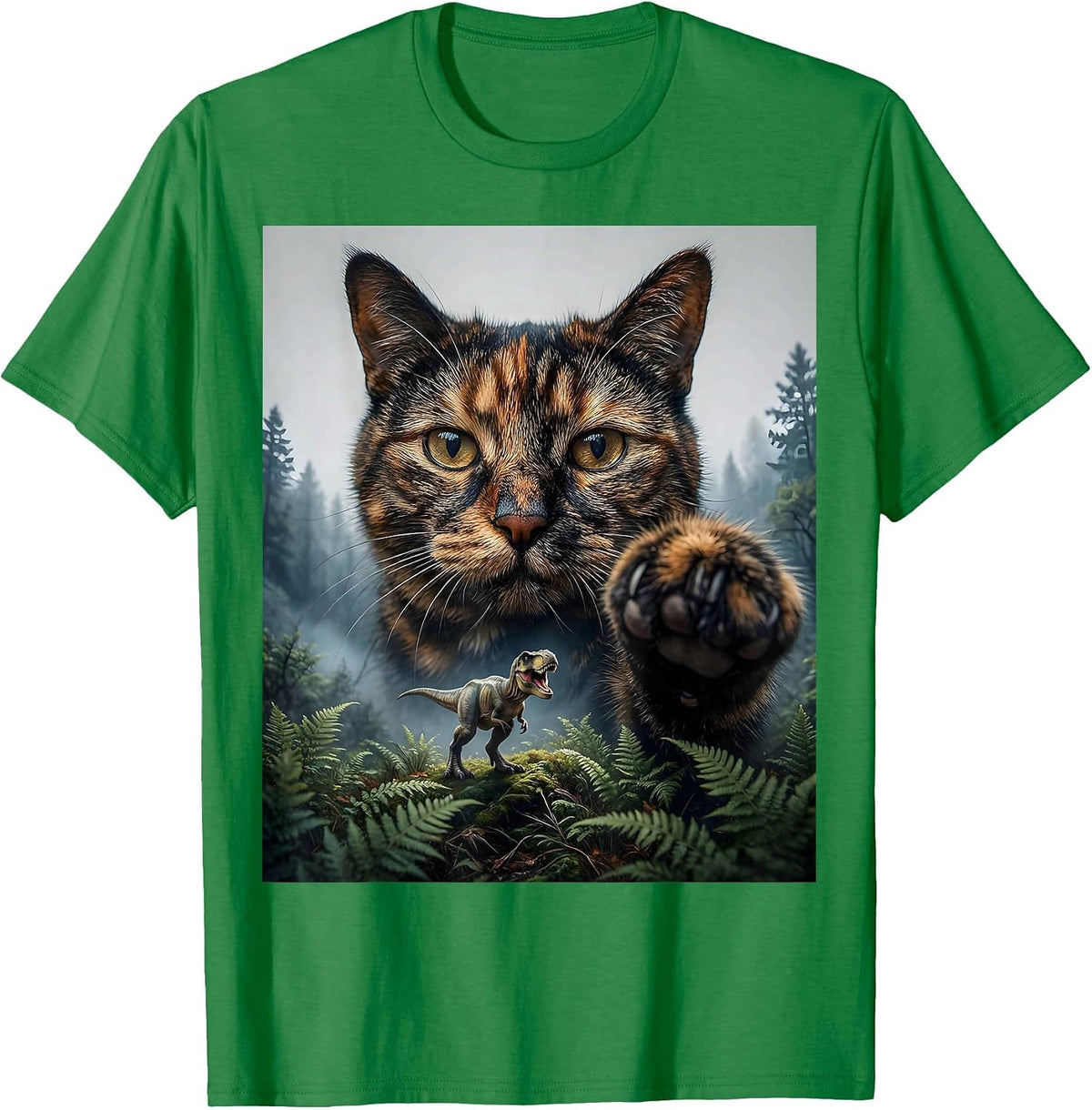 Men's Oversized Calm Tortoiseshell Cat Face Funny T-Rex Dinosaur T-Shirt - Kelly Green