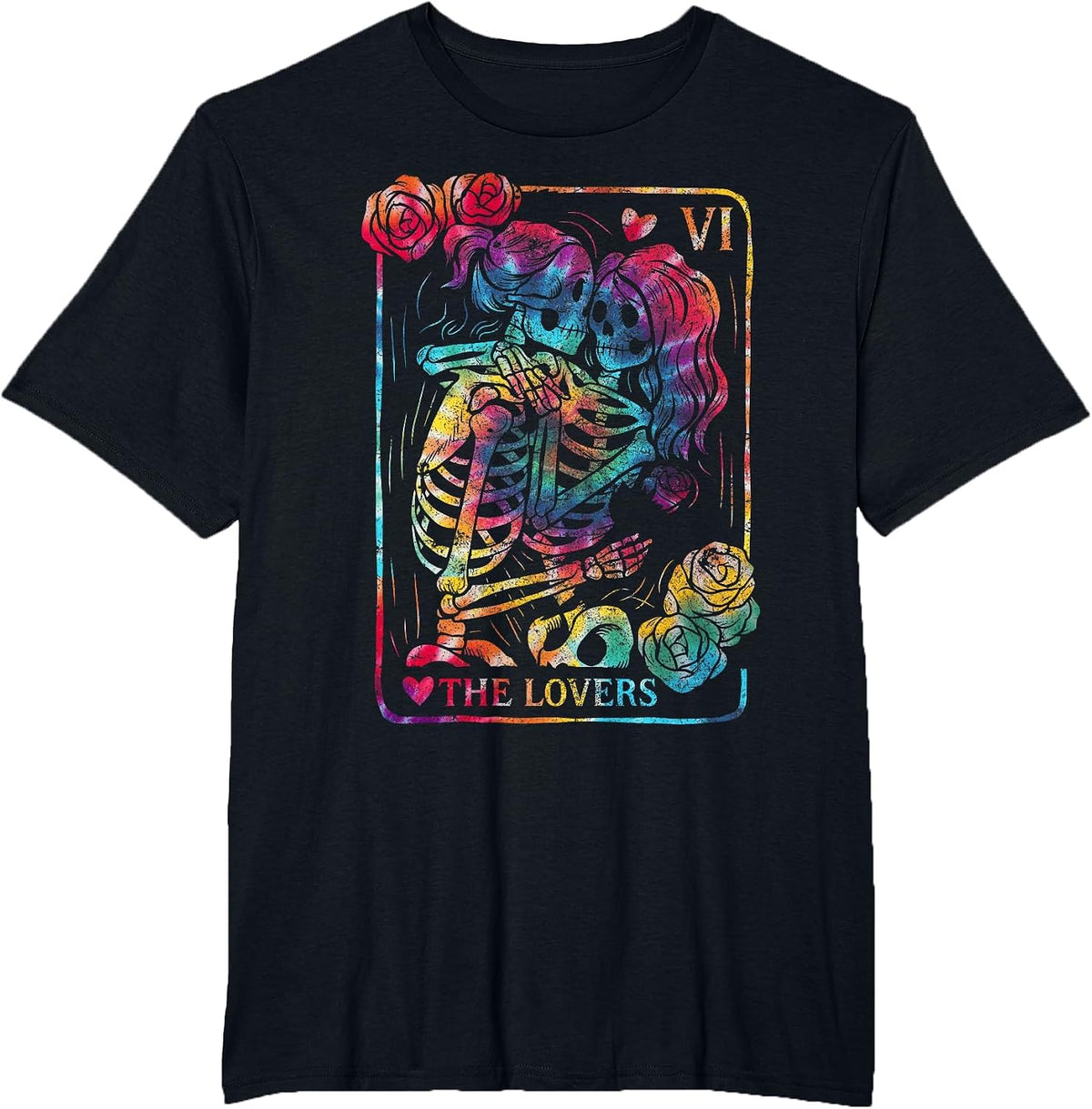 The Lovers Tarot Card Gothic Occult Kissing Skeleton Roses T-Shirt - Black