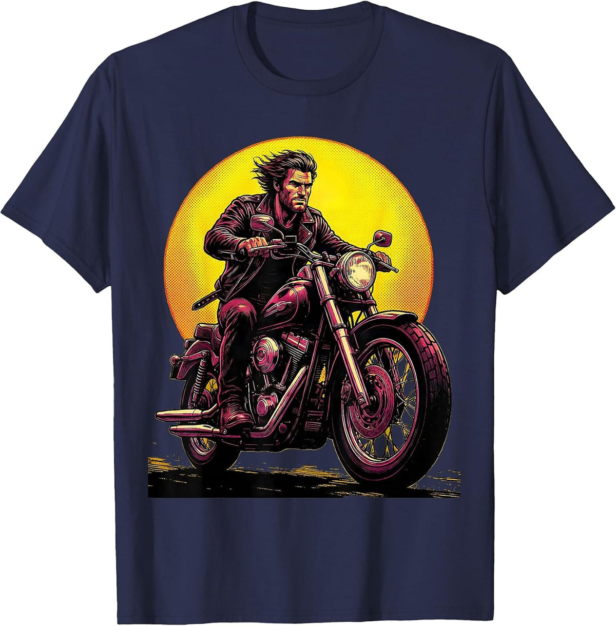Rugged Rider Sunset Motorcycle Graphic Tee T-Shirt - Navy Blue