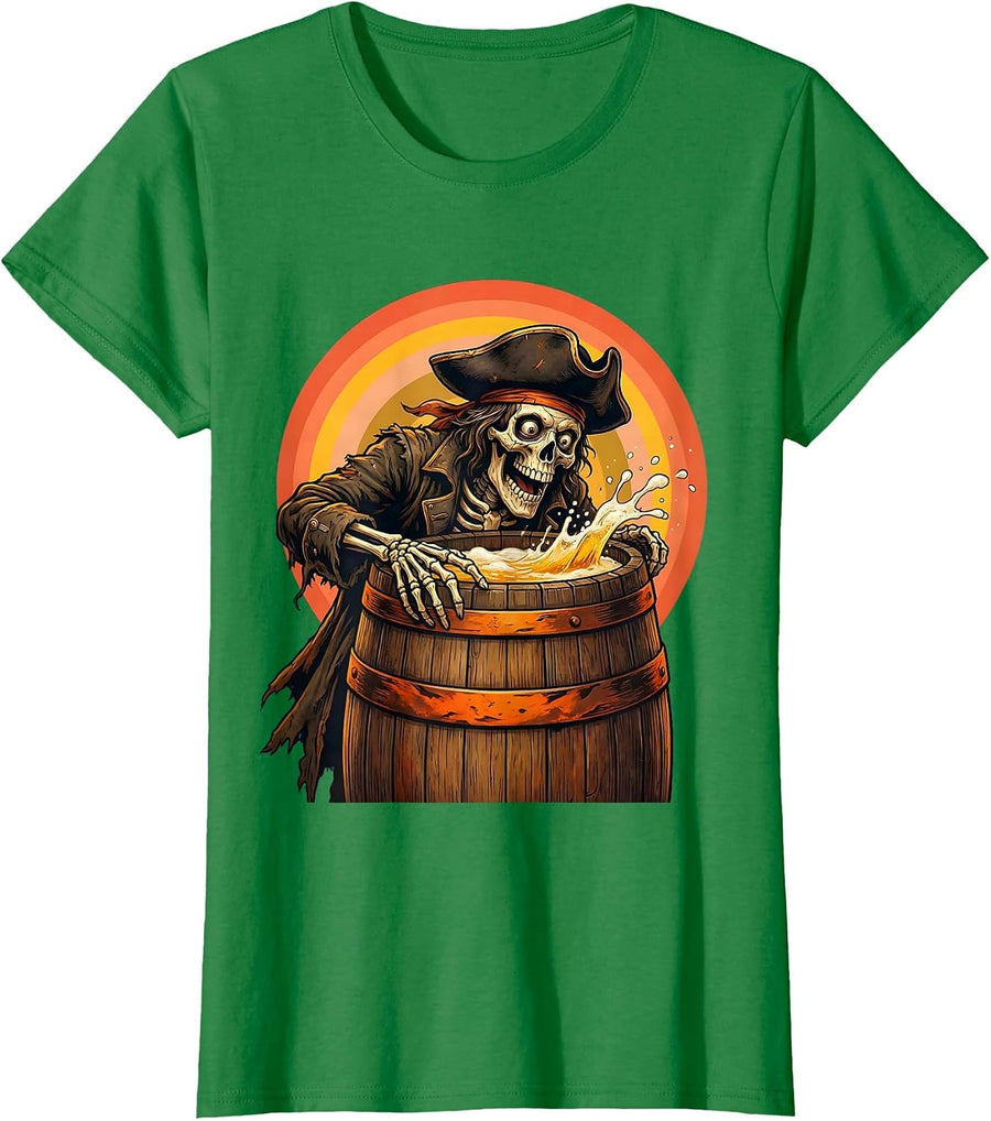 Women's Skeleton Pirate Beer Barrel Discovery Graphic T-Shirt - Kelly Green