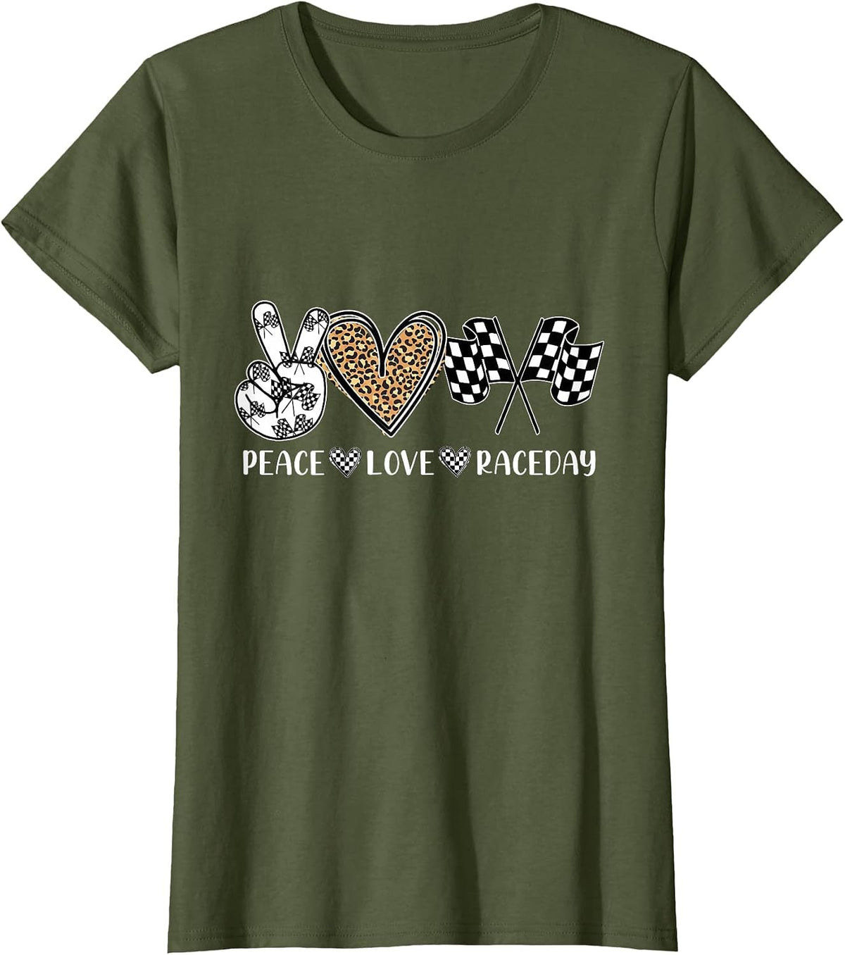 Peace Love Raceday Racing Drag Racing Checkered Flag Race T-Shirt - Olive Green