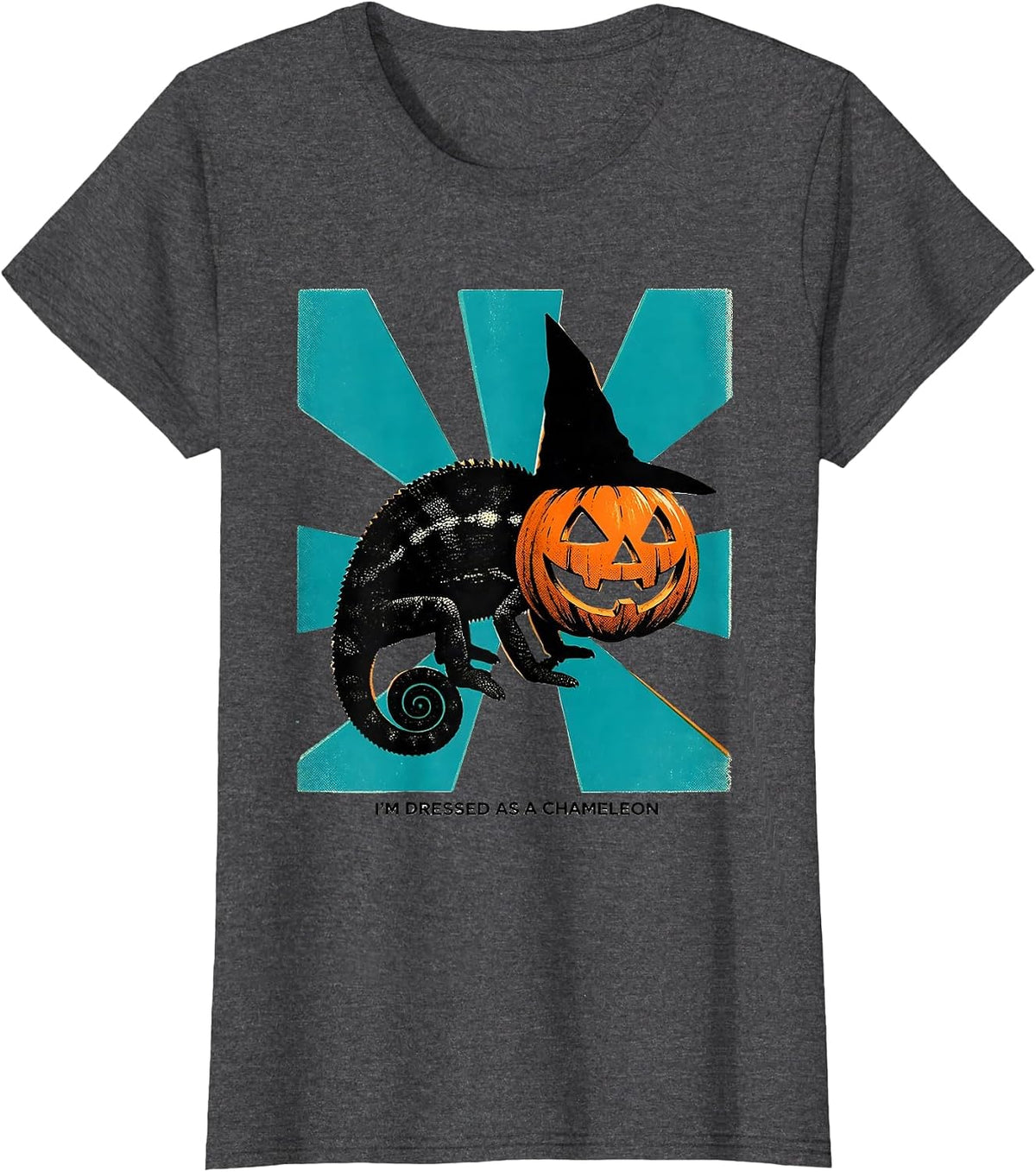 Women's I'm Dressed as a Chameleon Risograph Halloween Witch Hat T-Shirt - Dark Heather Grey