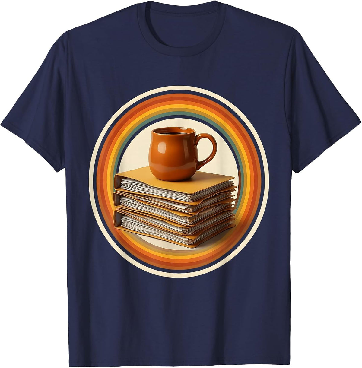 Middle School Teacher Coffee and Folders Graphic T-Shirt - Navy Blue