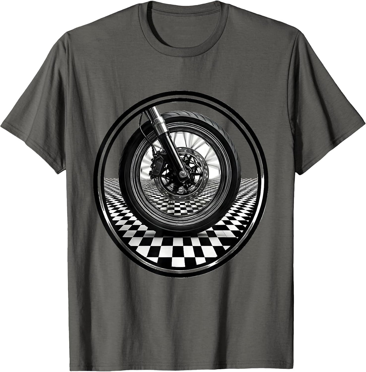 Men's Motorcycle Wheel Black White Checkered Graphic T-Shirt - Asphalt Grey