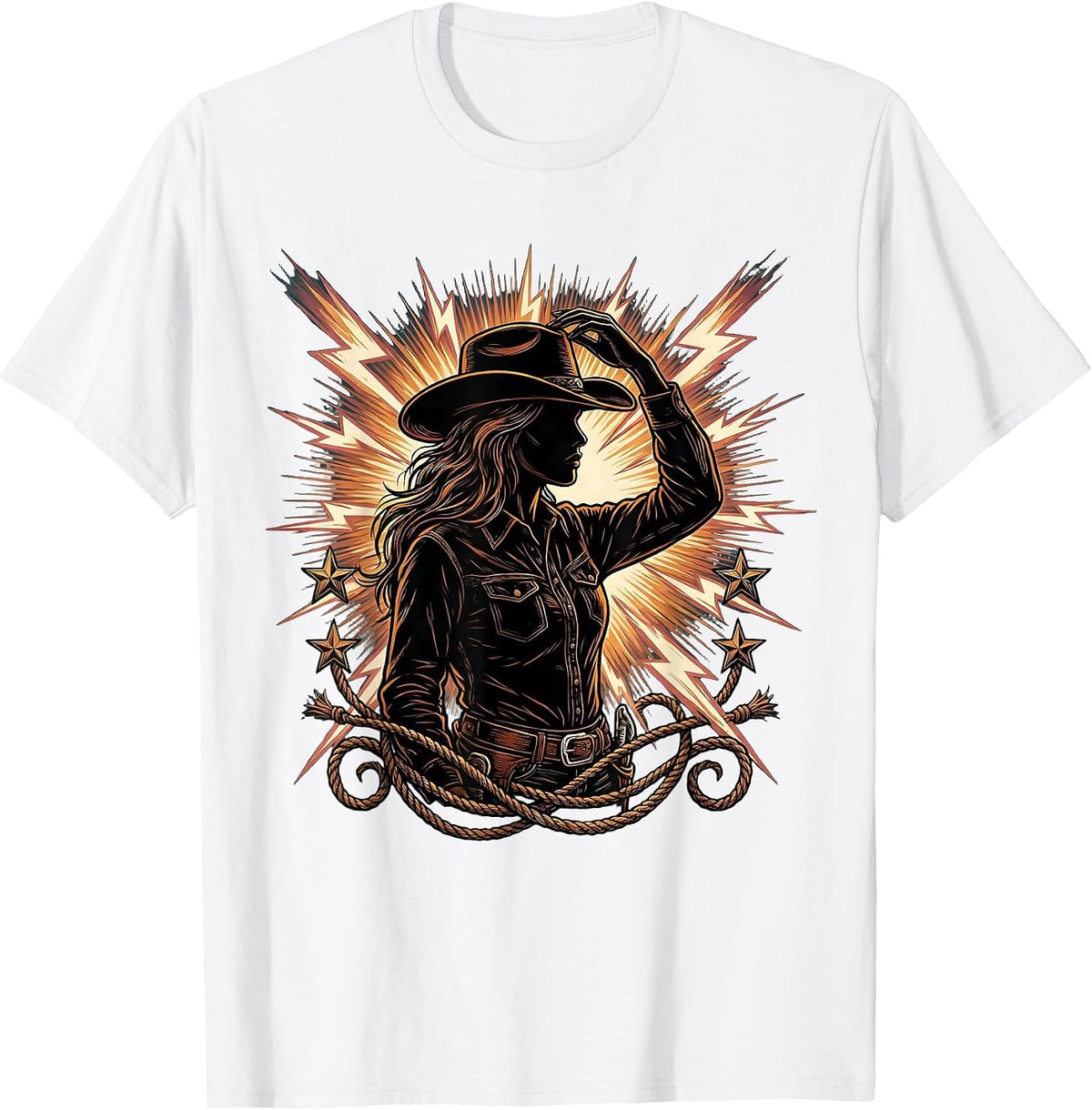 Men's Cowgirl Tipping Hat Lightning Bolt Illustration T-Shirt - White