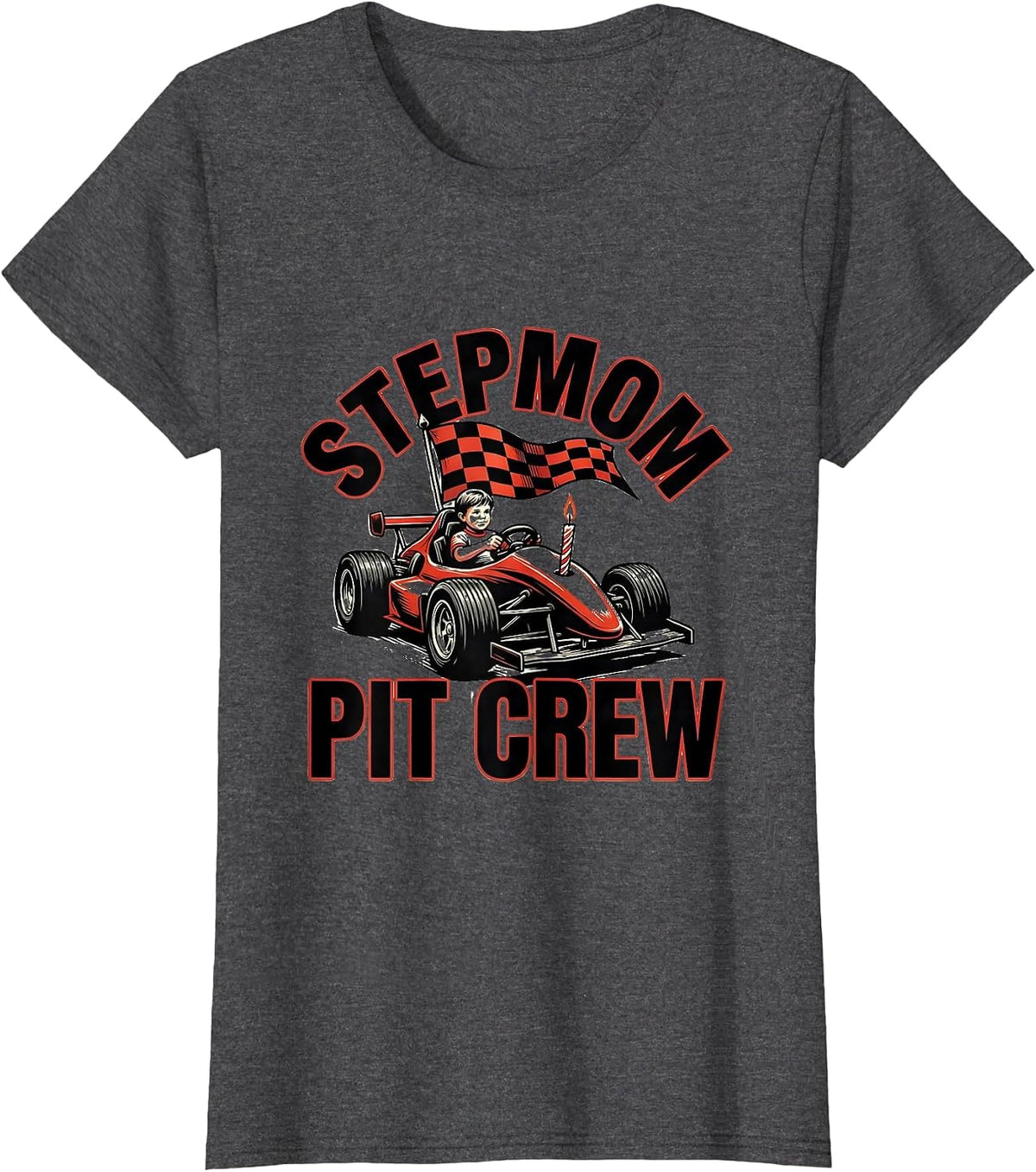 Women's Stepmom Pit Crew Race Car Birthday Party Family Matching T-Shirt - Dark Heather Grey