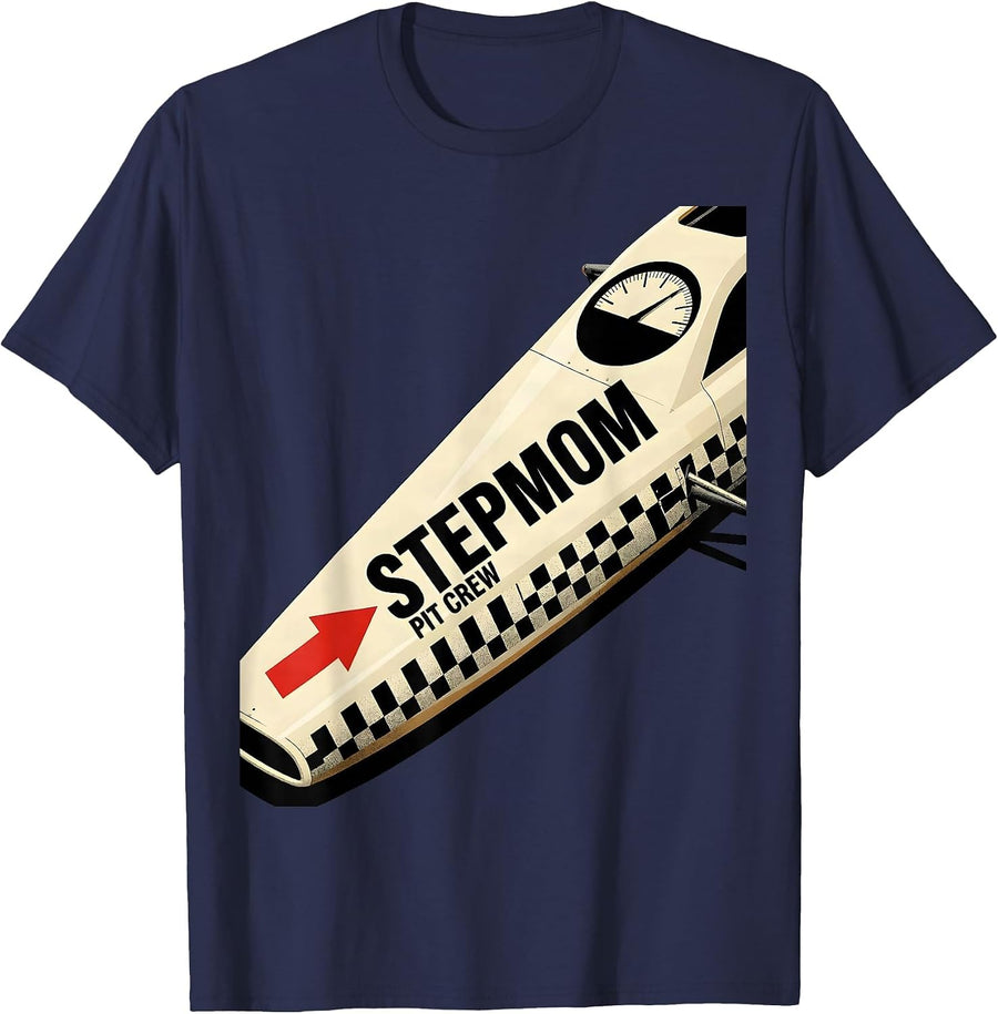 Stepmom Pit Crew Race Car Birthday Party Family Matching T-Shirt - Navy Blue