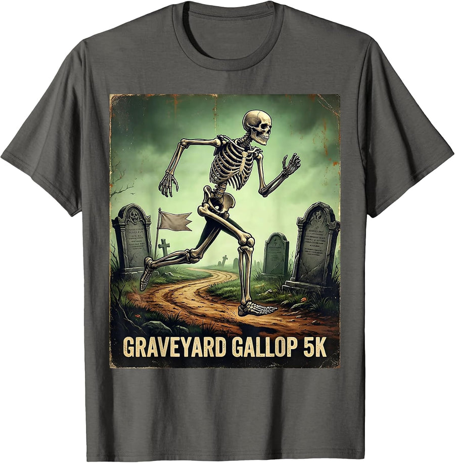 Graveyard Gallop 5K Vintage Skeleton Runner Halloween Fun T-Shirt - Asphalt Grey