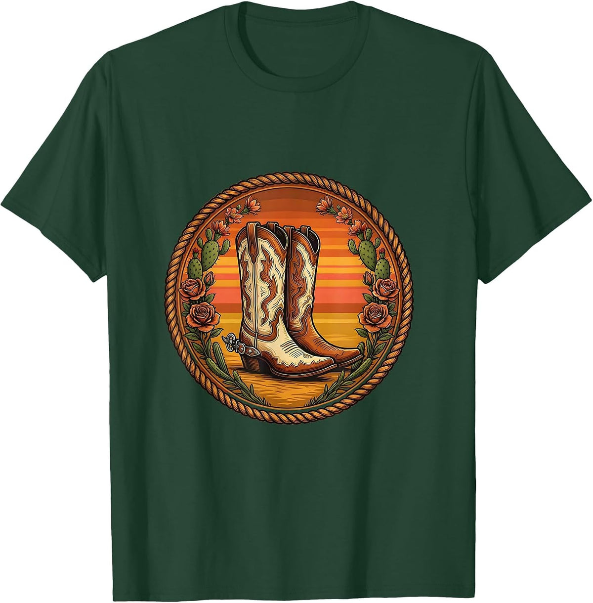 Cowgirl Boots Spurs and Desert Roses Graphic T-Shirt - Dark Green