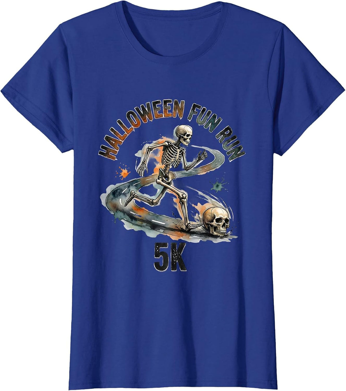 Women's Halloween Fun Run 5K Funny Skeleton Runner Watercolor T-Shirt - Royal Blue