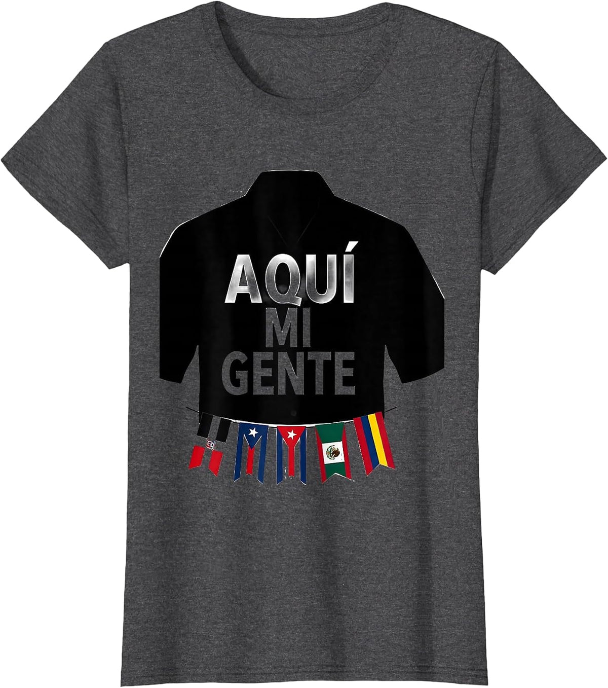 Women's Aquí Mi Gente Hispanic Heritage Month Multi-Flag Pride T-Shirt - Dark Heather Grey