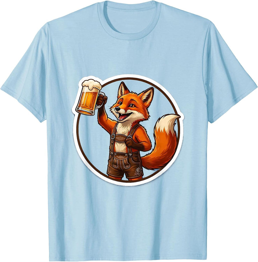 Men's Oktoberfest Fox in Lederhosen Beer Stein Design T-Shirt - Baby Blue