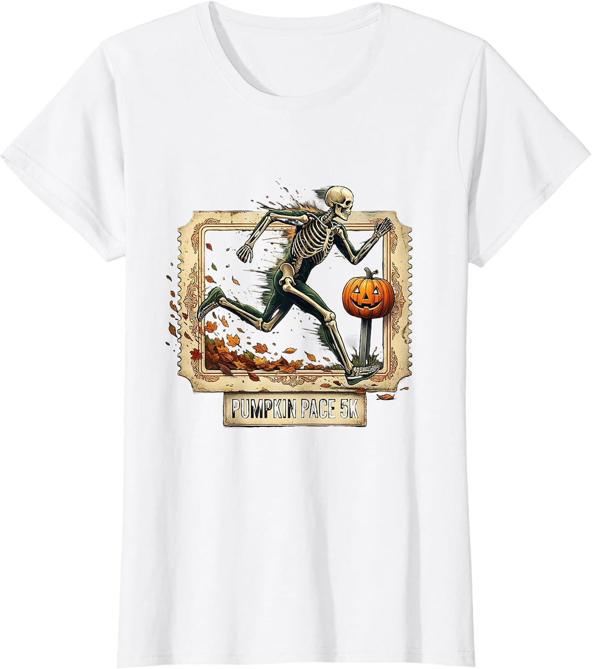 Pumpkin Pace 5K Vintage Skeleton Runner Halloween Fun Run T-Shirt - White