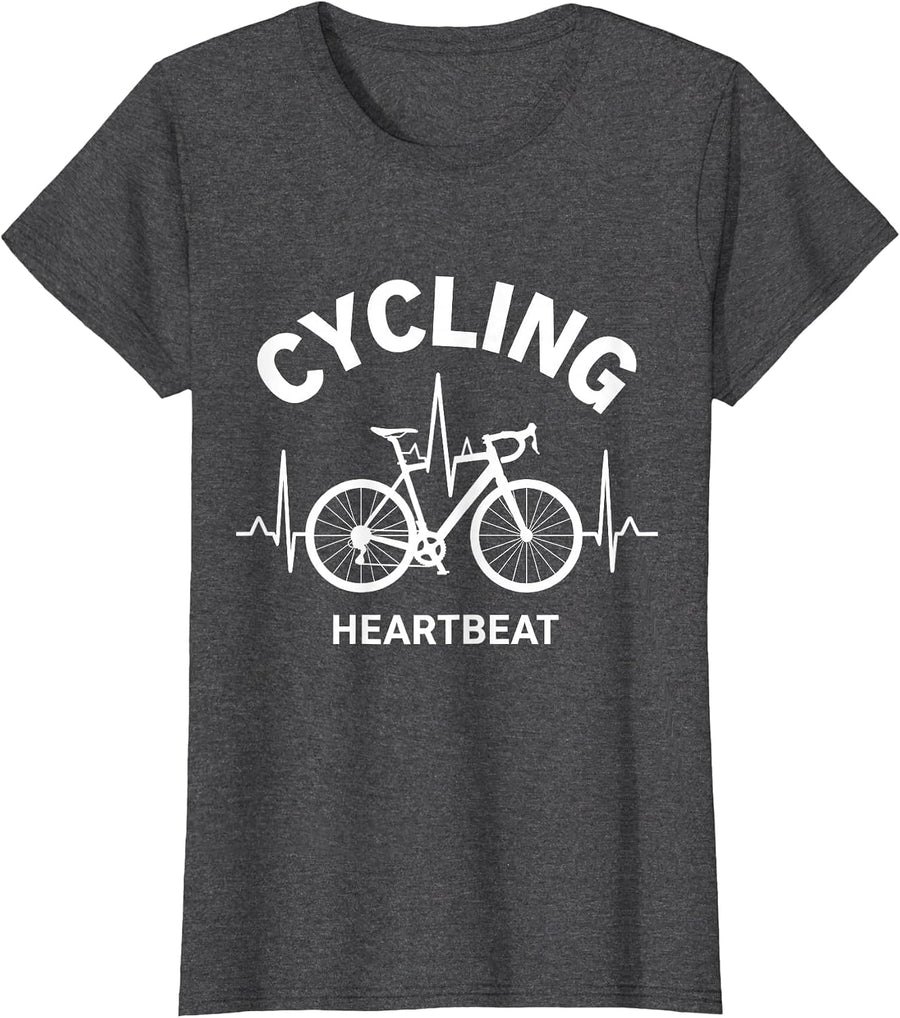 Women's Cycling Heartbeat Monochromatic Bicycle Pulse Line T-Shirt - Dark Heather Grey