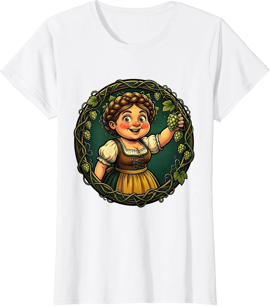 Women's Oktoberfest Hop Picker Braided Crown Illustration T-Shirt - White
