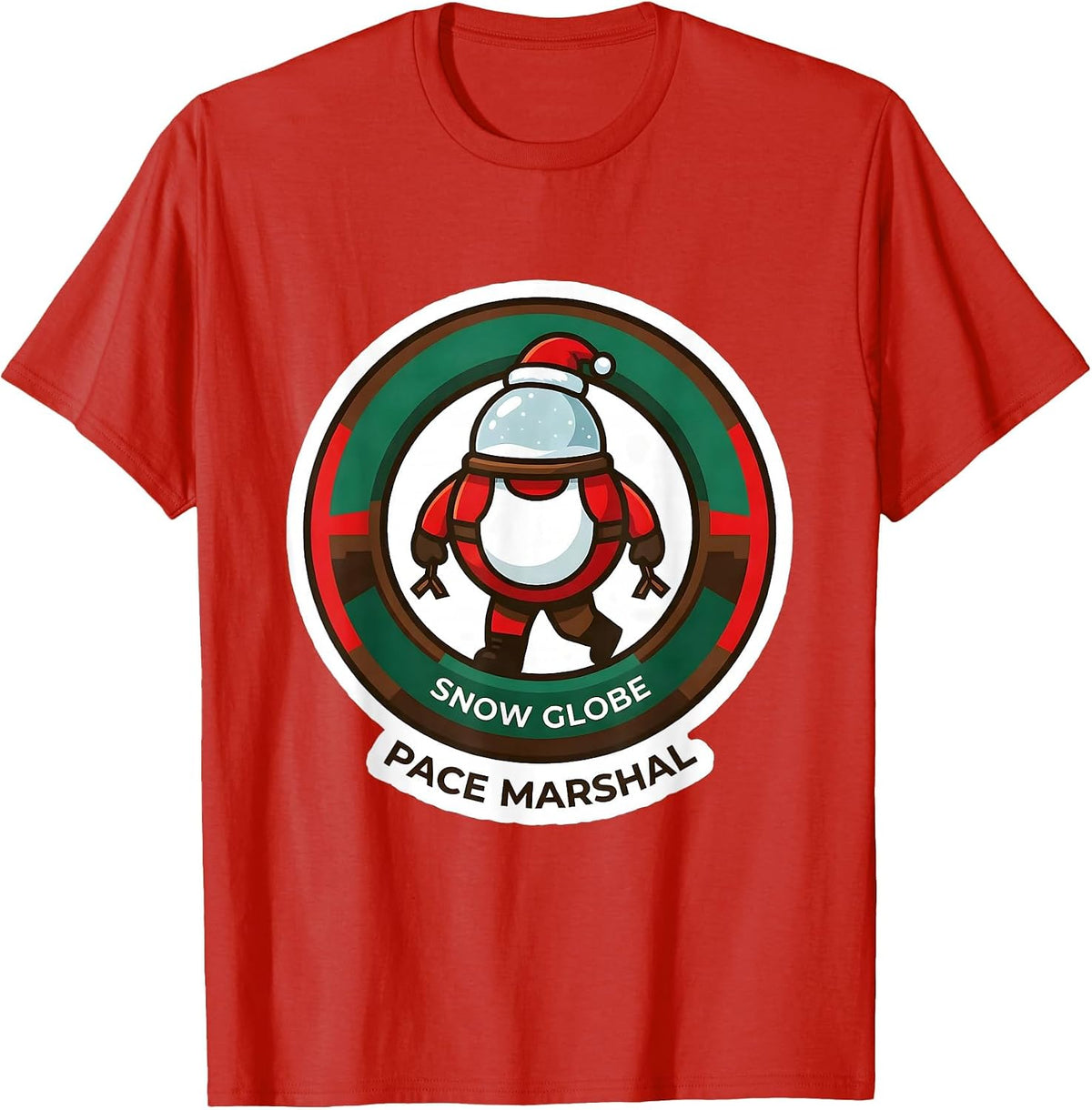 Men's Snow Globe Pace Marshal Funny Christmas 5K Run Runner T-Shirt - Red