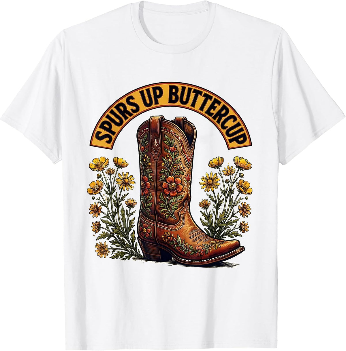 Men's Spurs Up Buttercup Cowgirl Western Design T-Shirt - White