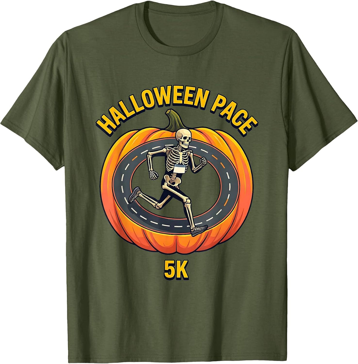 Men's Halloween Pace 5K Funny Skeleton Runner Matching Family T-Shirt - Olive Green