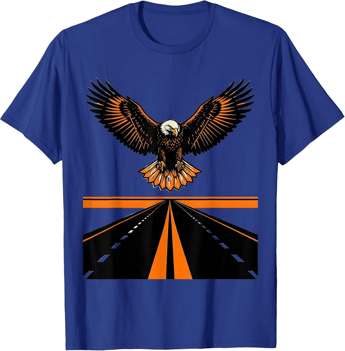 Men's Eagle Soaring Over Open Highway Motorcycle Design T-Shirt - Royal Blue