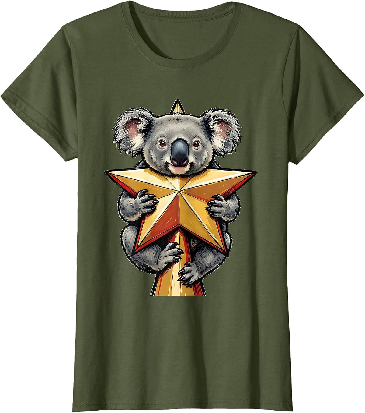 Women's Rounded Koala Climbing Star Cute Koala Lover Christmas T-Shirt - Olive Green