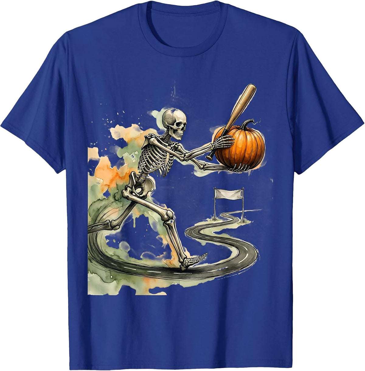 Men's Watercolor Skeleton Runner Halloween 5K Fun Run Matching T-Shirt - Royal Blue