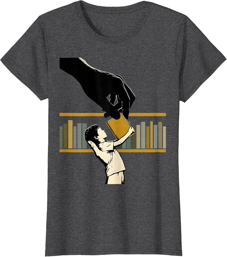 Women's Book Hand Gift Screenprint School Librarian Reader T-Shirt - Dark Heather Grey